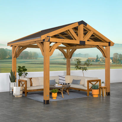 Backyard Discovery Arlington 12' x 12' Cedar Wood Outdoor Gazebo Pavilion with Hardtop Galvanized Steel Peak Roof, Snow Support, Wind Resistance, PowerPort, Shade for Garden, Patio, Deck, Entertaining