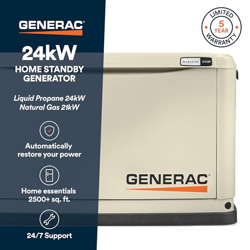 Generac Guardian 24kW Home Standby Generator with 200 Amp Transfer Switch, Durable All Aluminum, WiFi Enabled with G-Force Engine, Easy to Use, Whole House Power Backup, Smart Outage Solution - Bisque