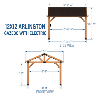 Backyard Discovery Arlington 12' x 12' Cedar Wood Outdoor Gazebo Pavilion with Hardtop Galvanized Steel Peak Roof, Snow Support, Wind Resistance, PowerPort, Shade for Garden, Patio, Deck, Entertaining
