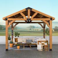 Backyard Discovery Arlington 12' x 12' Cedar Wood Outdoor Gazebo Pavilion with Hardtop Galvanized Steel Peak Roof, Snow Support, Wind Resistance, PowerPort, Shade for Garden, Patio, Deck, Entertaining